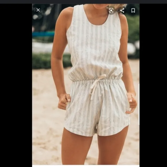 [ Albion] womens size M, striped linen romper with cinch waist/ tie