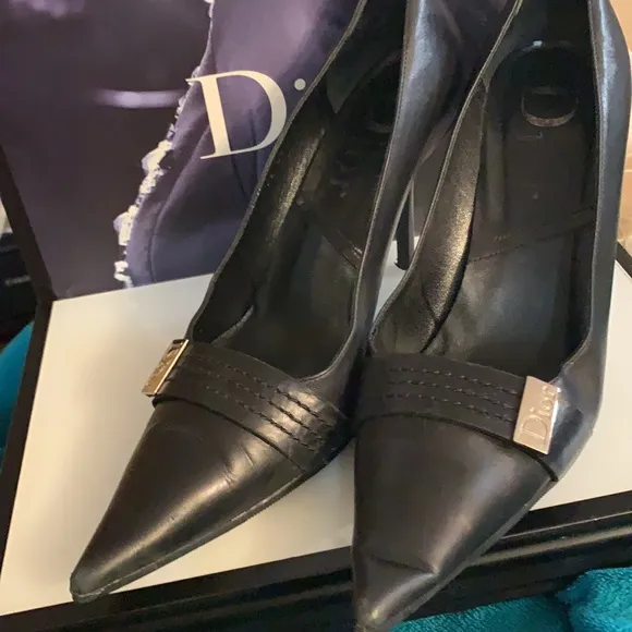 👠 Christian Dior Black Leather Dior Pointed Toe D'Orsay High Heel Shoes 38 1/2D