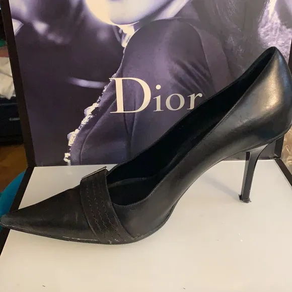 👠 Christian Dior Black Leather Dior Pointed Toe D'Orsay High Heel Shoes 38 1/2D