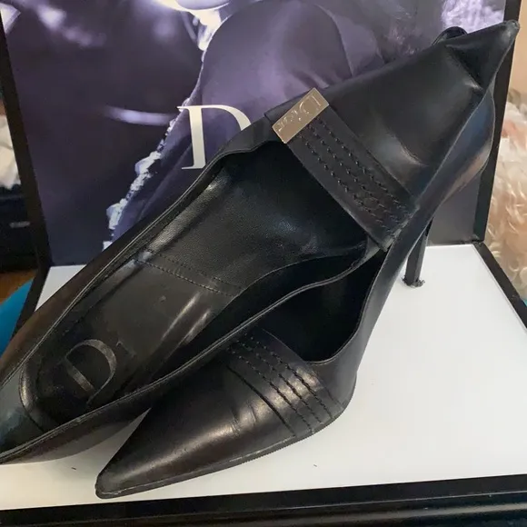 👠 Christian Dior Black Leather Dior Pointed Toe D'Orsay High Heel Shoes 38 1/2D