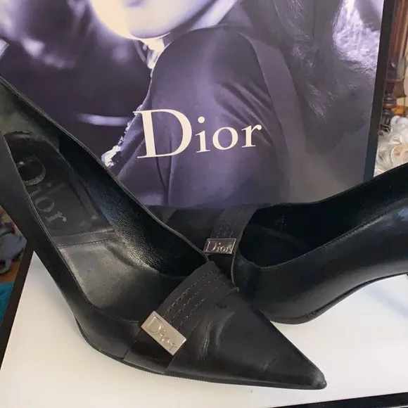 👠 Christian Dior Black Leather Dior Pointed Toe D'Orsay High Heel Shoes 38 1/2D