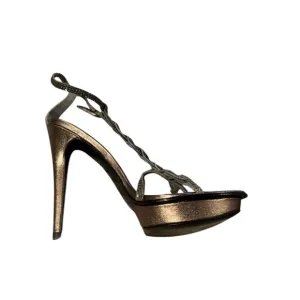 👠 Pelle Moda 5” Platinum Metallic Ankle Strap Sandal Heel Stone Detail Women’s…