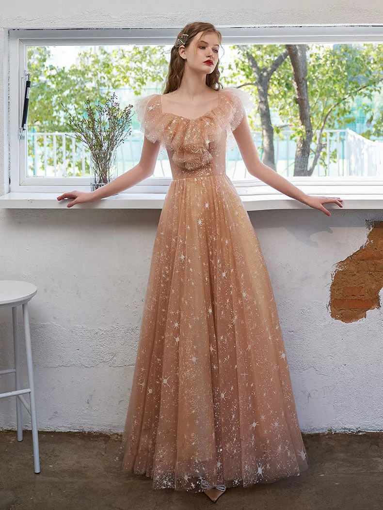 A Line Champagne Tulle Long Prom Dress, Champagne Formal Graduation Dresses