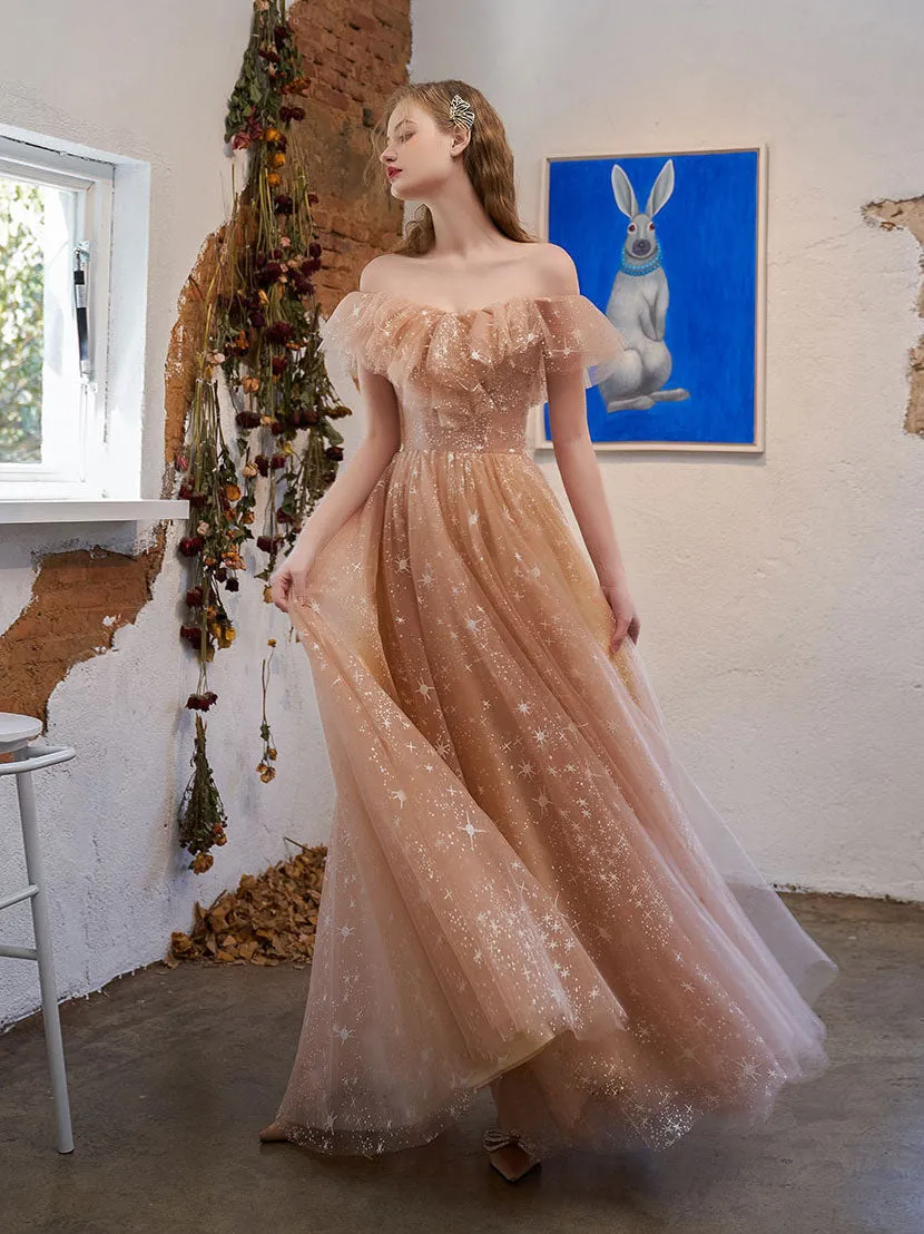 A Line Champagne Tulle Long Prom Dress, Champagne Formal Graduation Dresses