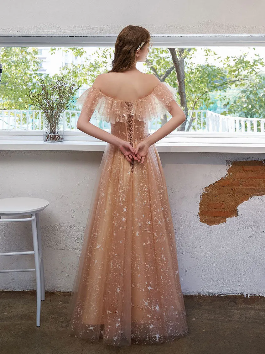 A Line Champagne Tulle Long Prom Dress, Champagne Formal Graduation Dresses