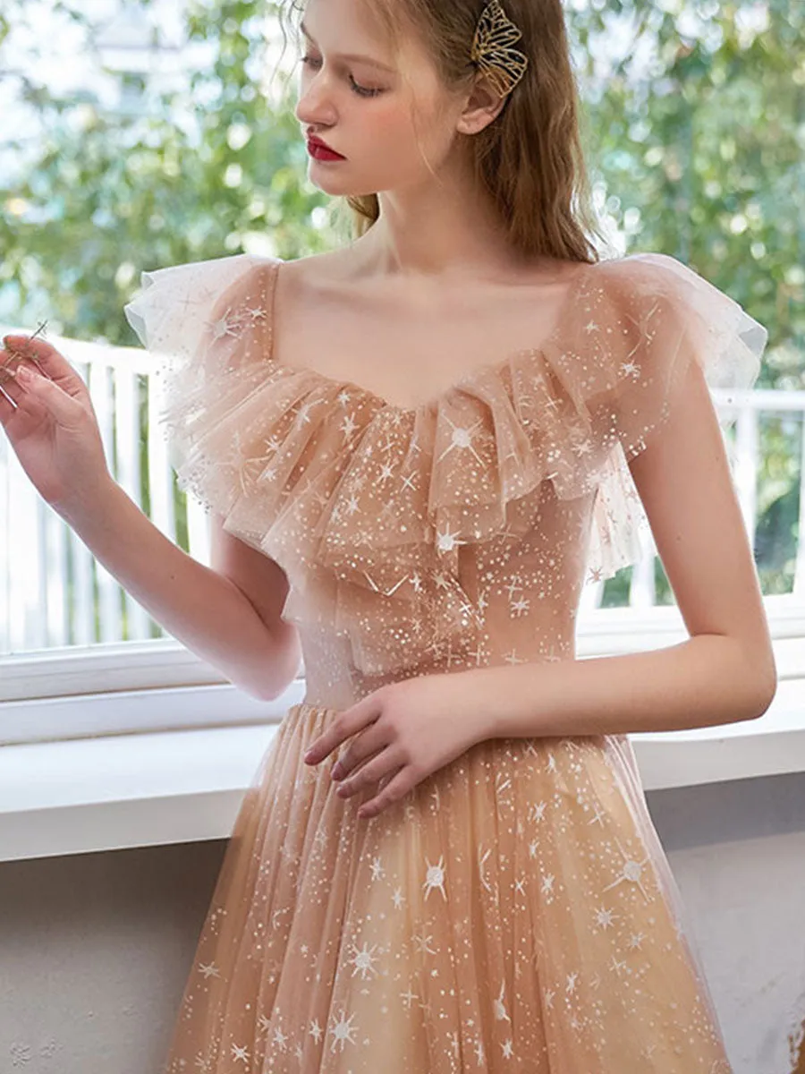 A Line Champagne Tulle Long Prom Dress, Champagne Formal Graduation Dresses