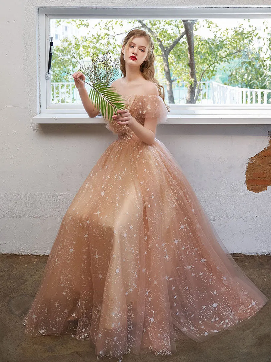 A Line Champagne Tulle Long Prom Dress, Champagne Formal Graduation Dresses