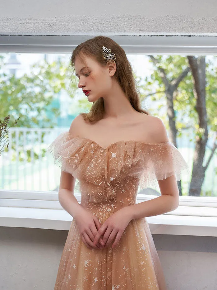 A Line Champagne Tulle Long Prom Dress, Champagne Formal Graduation Dresses