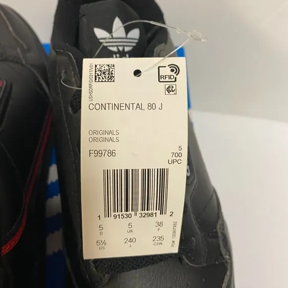 Adidas Mens Juniors Black Continental 80 F99786 Lace Up Athletic Running Shoes