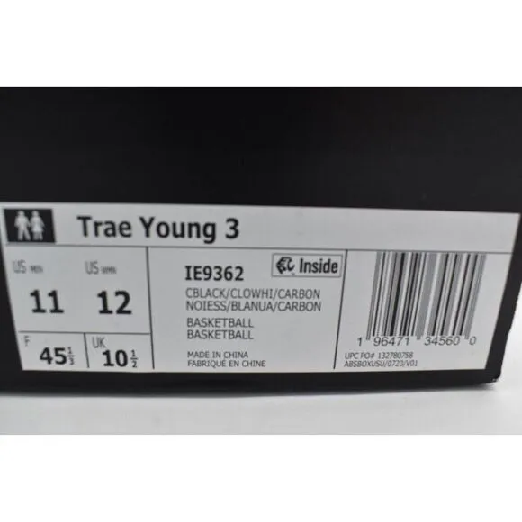 Adidas Mens Size 11 Trae Young 3 Black White Carbon Basketball Shoes Sneakers
