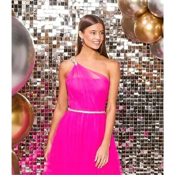Adriana Papell One Shoulder Pink Gown 4