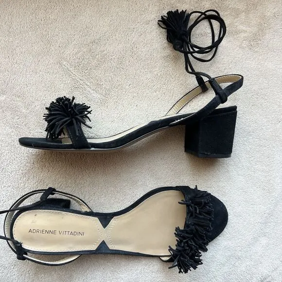 Adrienne Vittadini Allen Black Suede Lace Up Sandals Women 9.5 M Ankle Strap Pom