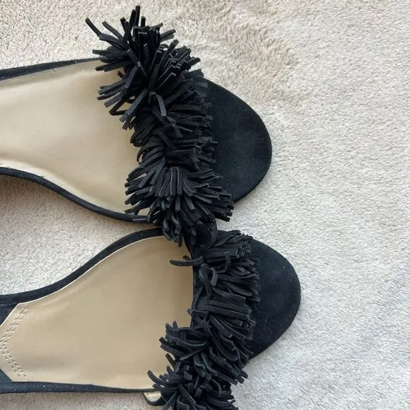 Adrienne Vittadini Allen Black Suede Lace Up Sandals Women 9.5 M Ankle Strap Pom