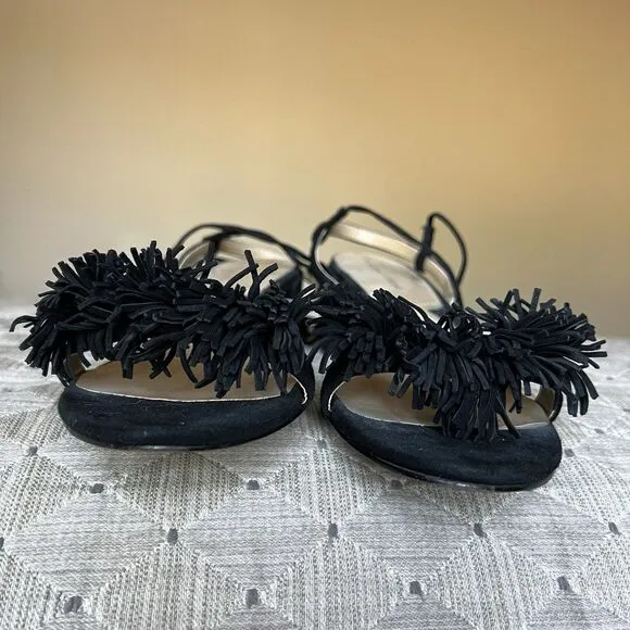 Adrienne Vittadini Allen Black Suede Lace Up Sandals Women 9.5 M Ankle Strap Pom