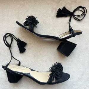 Adrienne Vittadini Allen Black Suede Lace Up Sandals Women 9.5 M Ankle Strap Pom