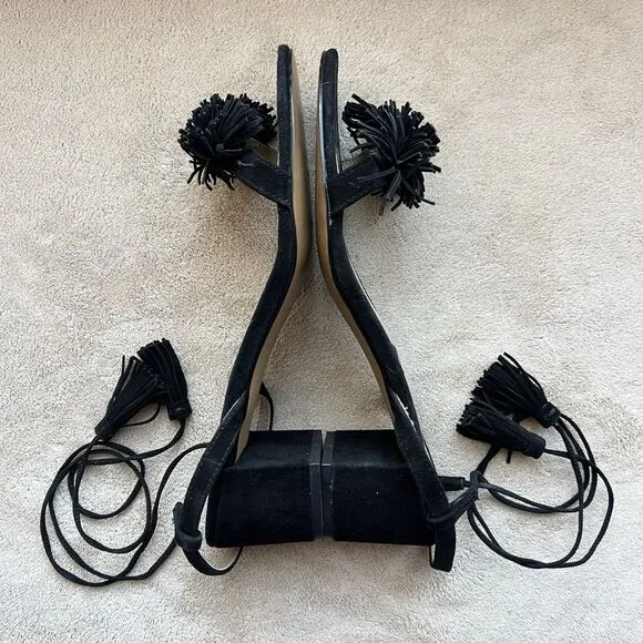 Adrienne Vittadini Allen Black Suede Lace Up Sandals Women 9.5 M Ankle Strap Pom