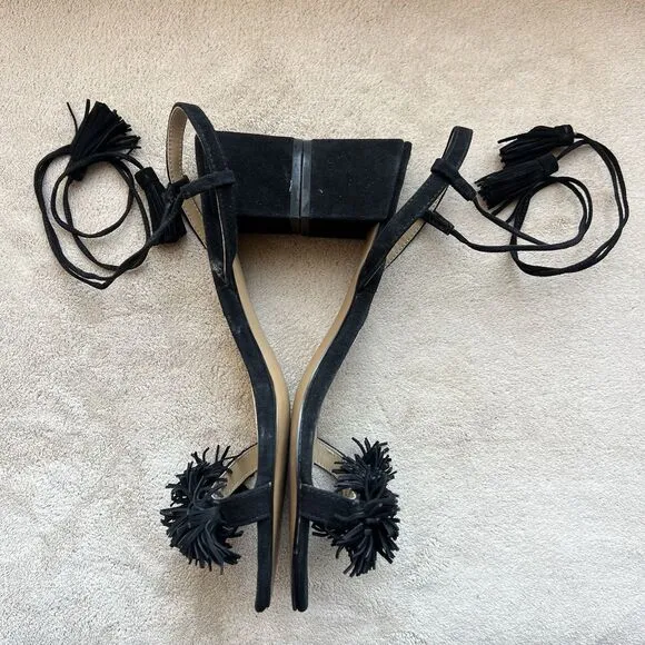 Adrienne Vittadini Allen Black Suede Lace Up Sandals Women 9.5 M Ankle Strap Pom