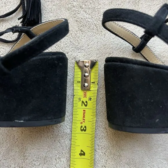 Adrienne Vittadini Allen Black Suede Lace Up Sandals Women 9.5 M Ankle Strap Pom