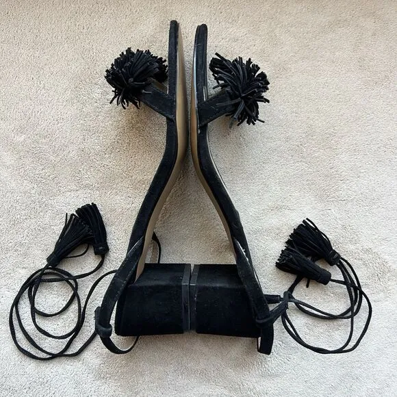 Adrienne Vittadini Allen Black Suede Lace Up Sandals Women 9.5 M Ankle Strap Pom