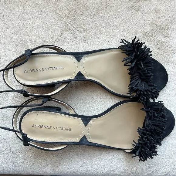 Adrienne Vittadini Allen Black Suede Lace Up Sandals Women 9.5 M Ankle Strap Pom