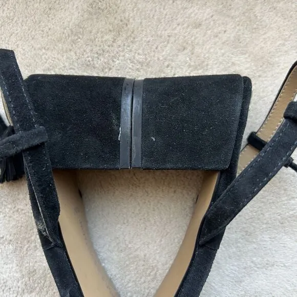 Adrienne Vittadini Allen Black Suede Lace Up Sandals Women 9.5 M Ankle Strap Pom