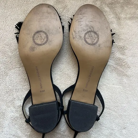 Adrienne Vittadini Allen Black Suede Lace Up Sandals Women 9.5 M Ankle Strap Pom