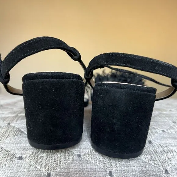 Adrienne Vittadini Allen Black Suede Lace Up Sandals Women 9.5 M Ankle Strap Pom