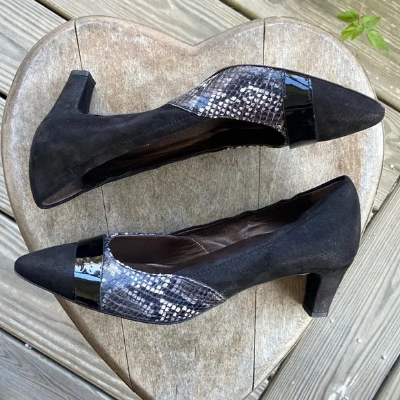 AGL Attilio Giusti Leombruni Cassie Black Suede Snakeskin Leather Pump Women's 9