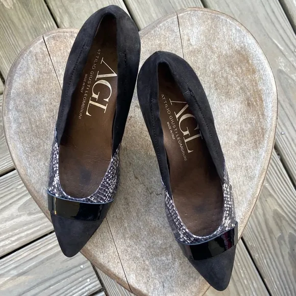 AGL Attilio Giusti Leombruni Cassie Black Suede Snakeskin Leather Pump Women's 9