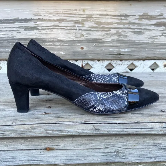 AGL Attilio Giusti Leombruni Cassie Black Suede Snakeskin Leather Pump Women's 9