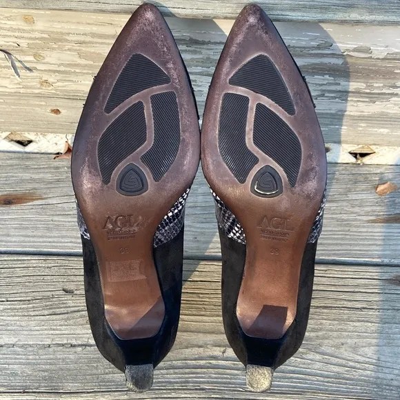 AGL Attilio Giusti Leombruni Cassie Black Suede Snakeskin Leather Pump Women's 9