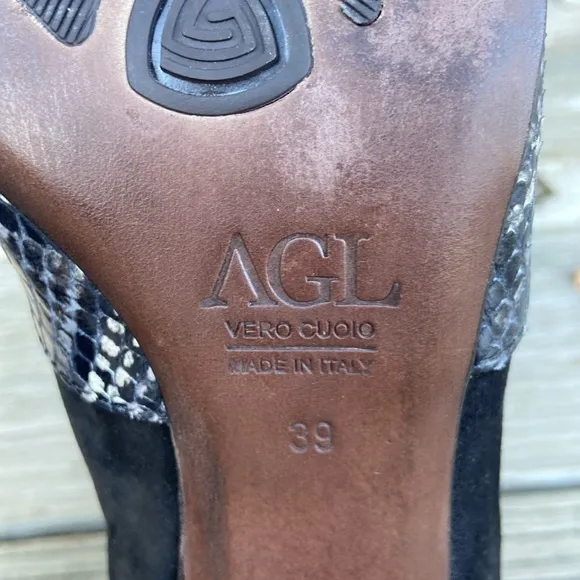 AGL Attilio Giusti Leombruni Cassie Black Suede Snakeskin Leather Pump Women's 9