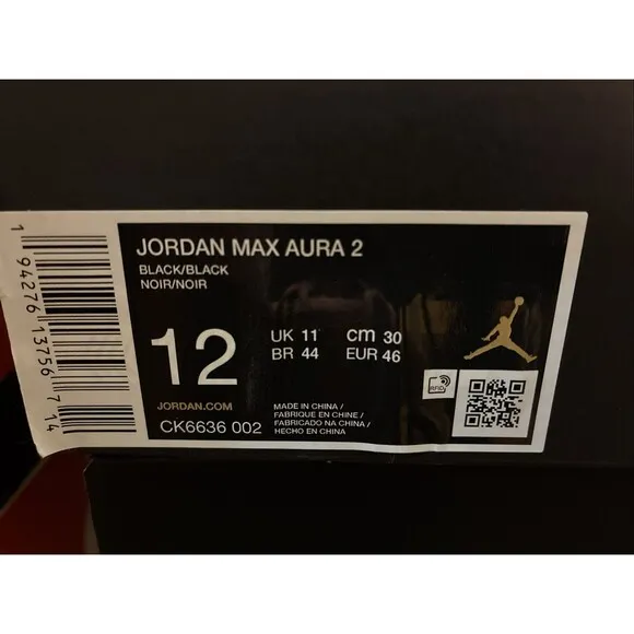 Air Jordan Max Aura 2 Triple Black Cat Shoes CK6636-002 Men Size 12