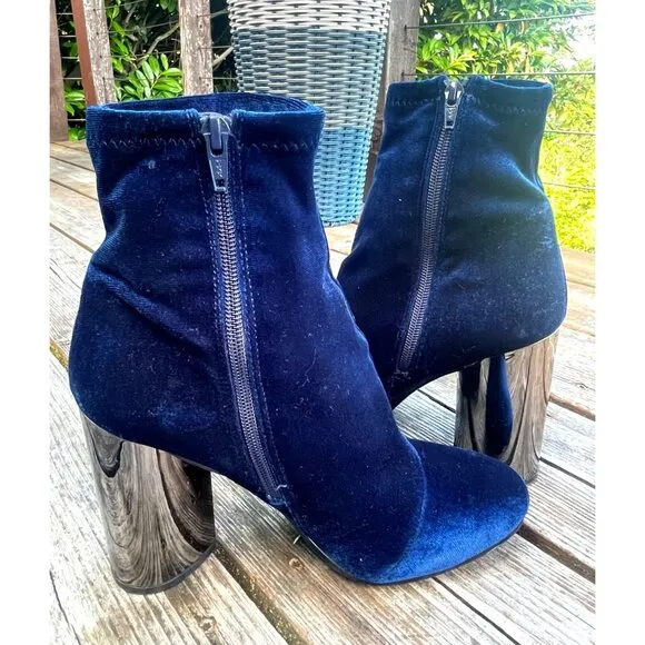 Aldo Womens 8.5 Cassydie VELVET Sock Ankle Boots Mirrored Heels Royal Blue