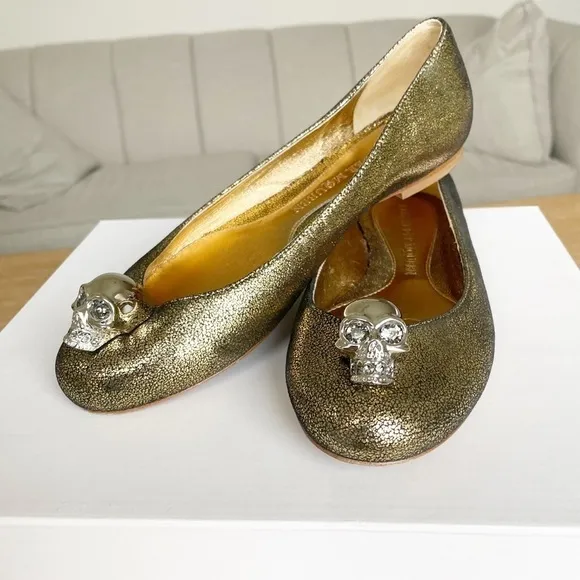 Alexander McQueen Women's Gold Skull Ballet Flats Shoes Size EU 36