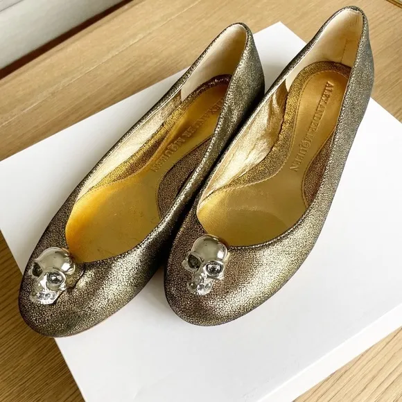 Alexander McQueen Women's Gold Skull Ballet Flats Shoes Size EU 36