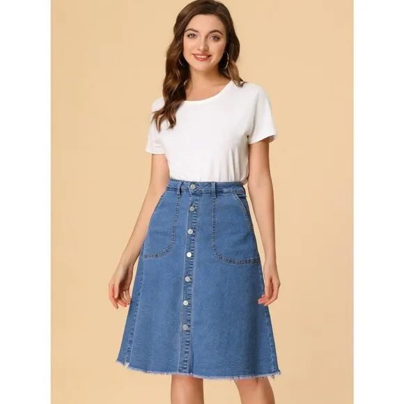 Allegra K Denim Skirts Women's Blue Button Down Midi Jeans Single Breasted