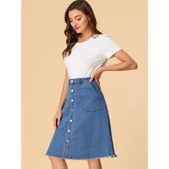 Allegra K Denim Skirts Women's Blue Button Down Midi Jeans Single Breasted