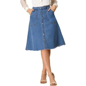 Allegra K Denim Skirts Women's Blue Button Down Midi Jeans Single Breasted