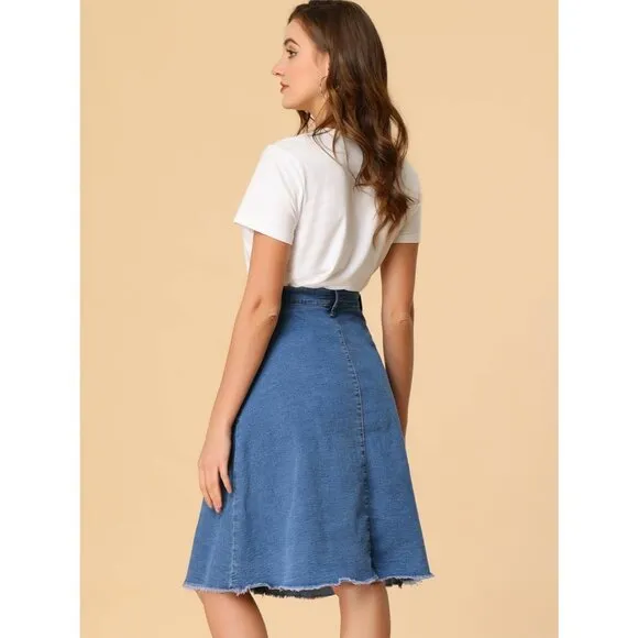 Allegra K Denim Skirts Women's Blue Button Down Midi Jeans Single Breasted