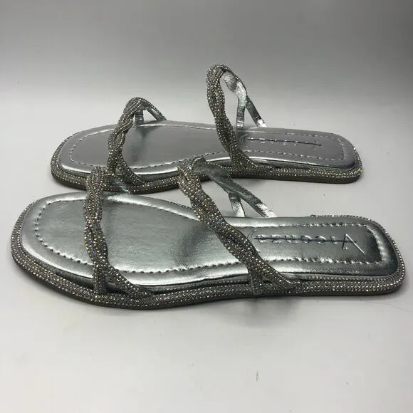 Anthro X Vicenza After Party Sparkly Slip On Sandals Silver Size US 8