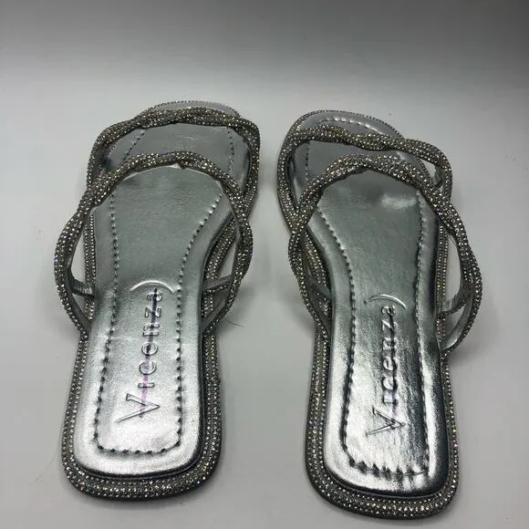 Anthro X Vicenza After Party Sparkly Slip On Sandals Silver Size US 8