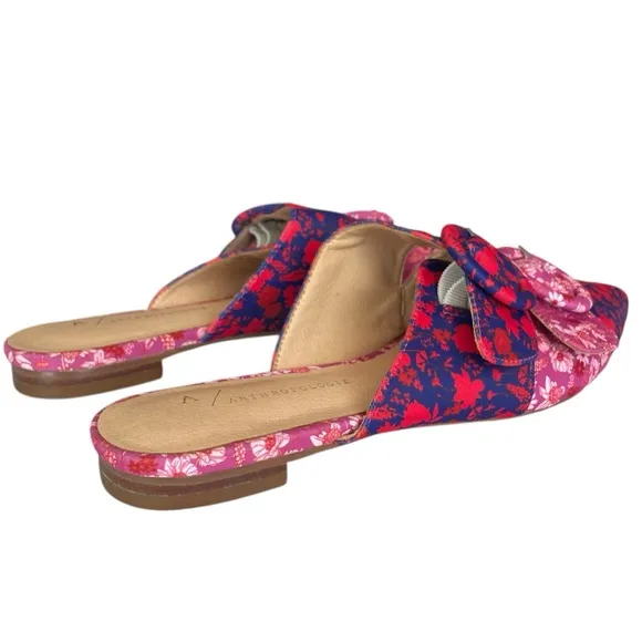 Anthropologie Shoes Womens 6.5 Red Purple Pink Floral Flats Mules Pointed Buckle
