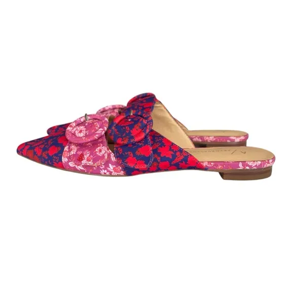 Anthropologie Shoes Womens 6.5 Red Purple Pink Floral Flats Mules Pointed Buckle
