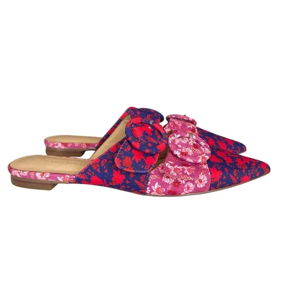 Anthropologie Shoes Womens 6.5 Red Purple Pink Floral Flats Mules Pointed Buckle