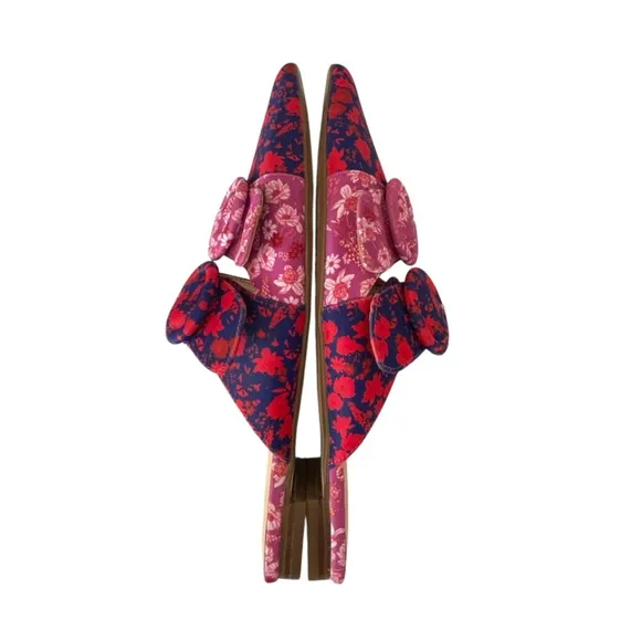 Anthropologie Shoes Womens 6.5 Red Purple Pink Floral Flats Mules Pointed Buckle