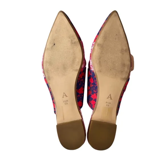 Anthropologie Shoes Womens 6.5 Red Purple Pink Floral Flats Mules Pointed Buckle