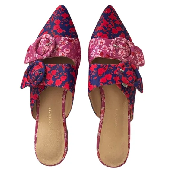Anthropologie Shoes Womens 6.5 Red Purple Pink Floral Flats Mules Pointed Buckle