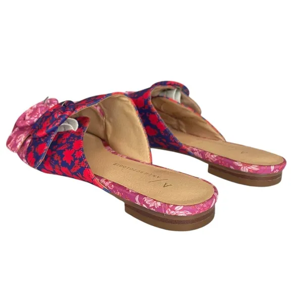 Anthropologie Shoes Womens 6.5 Red Purple Pink Floral Flats Mules Pointed Buckle