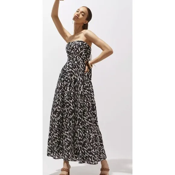 Anthropologie Women Shirred Cut-Out Maxi Preppy Black and White Dress Sz M NWT
